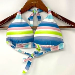 True Craft Blue Green White Striped Padded Halter-Style Swimsuit Top Size Large